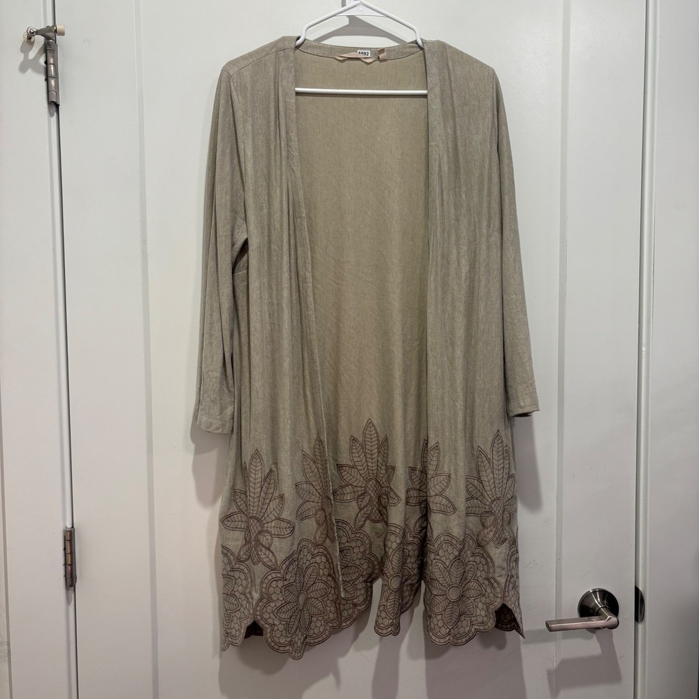 Soft Surroundings Tan Embroidered Scallop Hem Open Front Cardigan L 2FU92